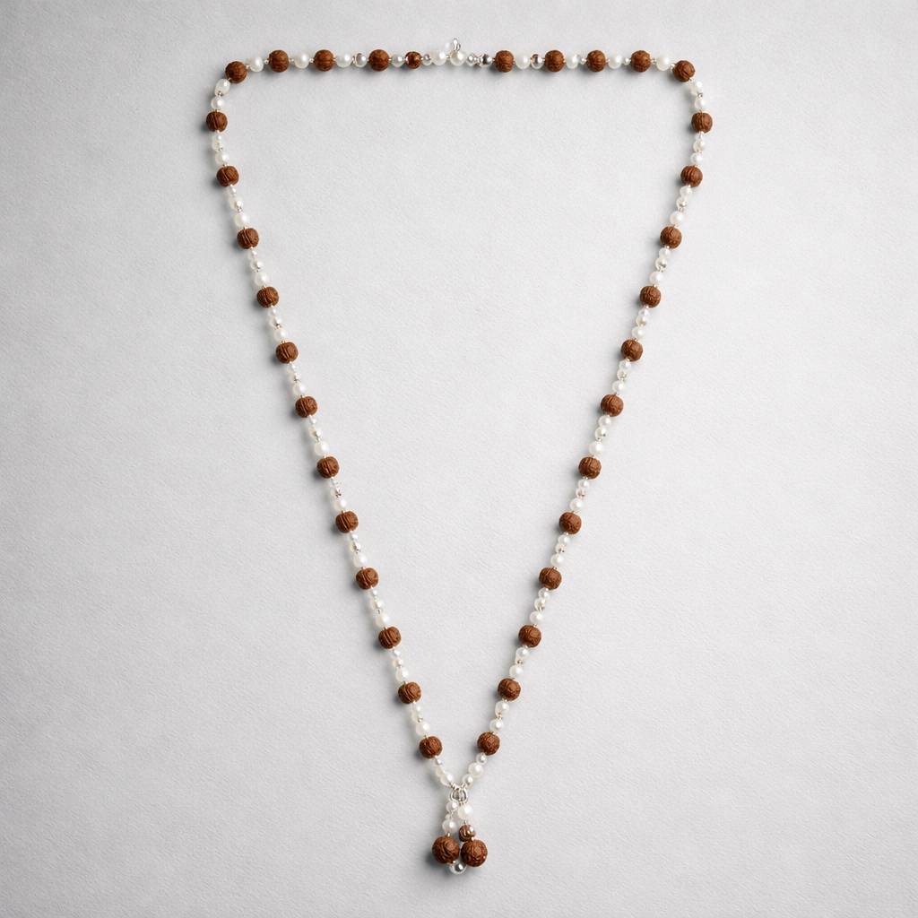 5 Mukhi Rudraksh Mala With 27 Silver Moti (Unisex)